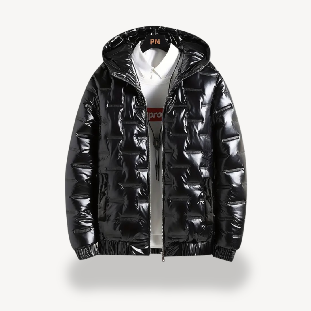 Men's Shiny Black Hooded Puffer Jacket | Loravelle