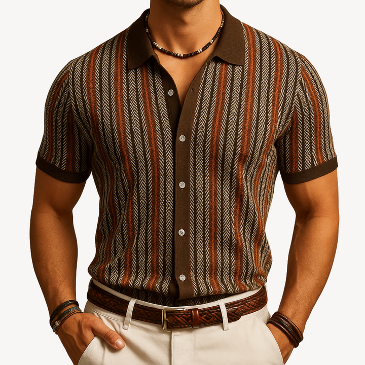 Men's Striped Knit Polo Shirt with Short Sleeve | Loravelle