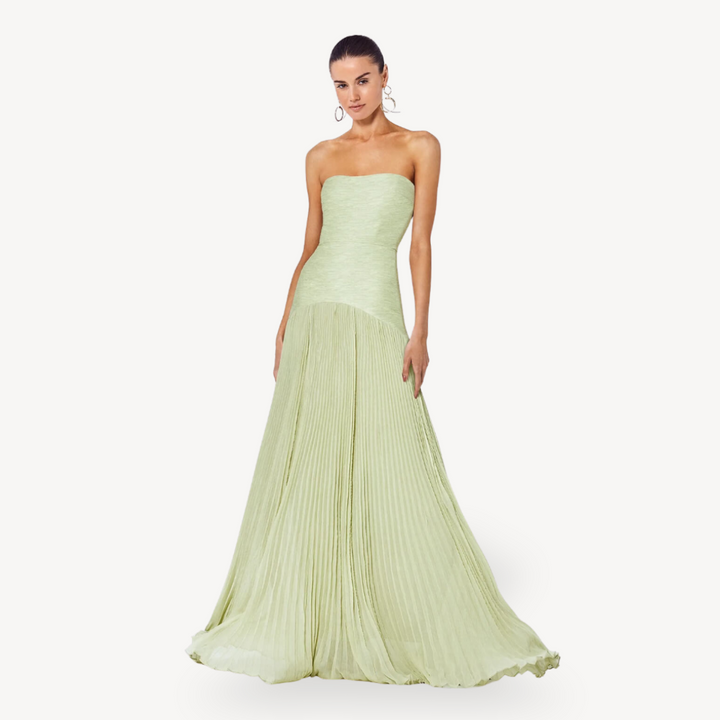 Women's Green Pleated Strapless Gown | Loravelle