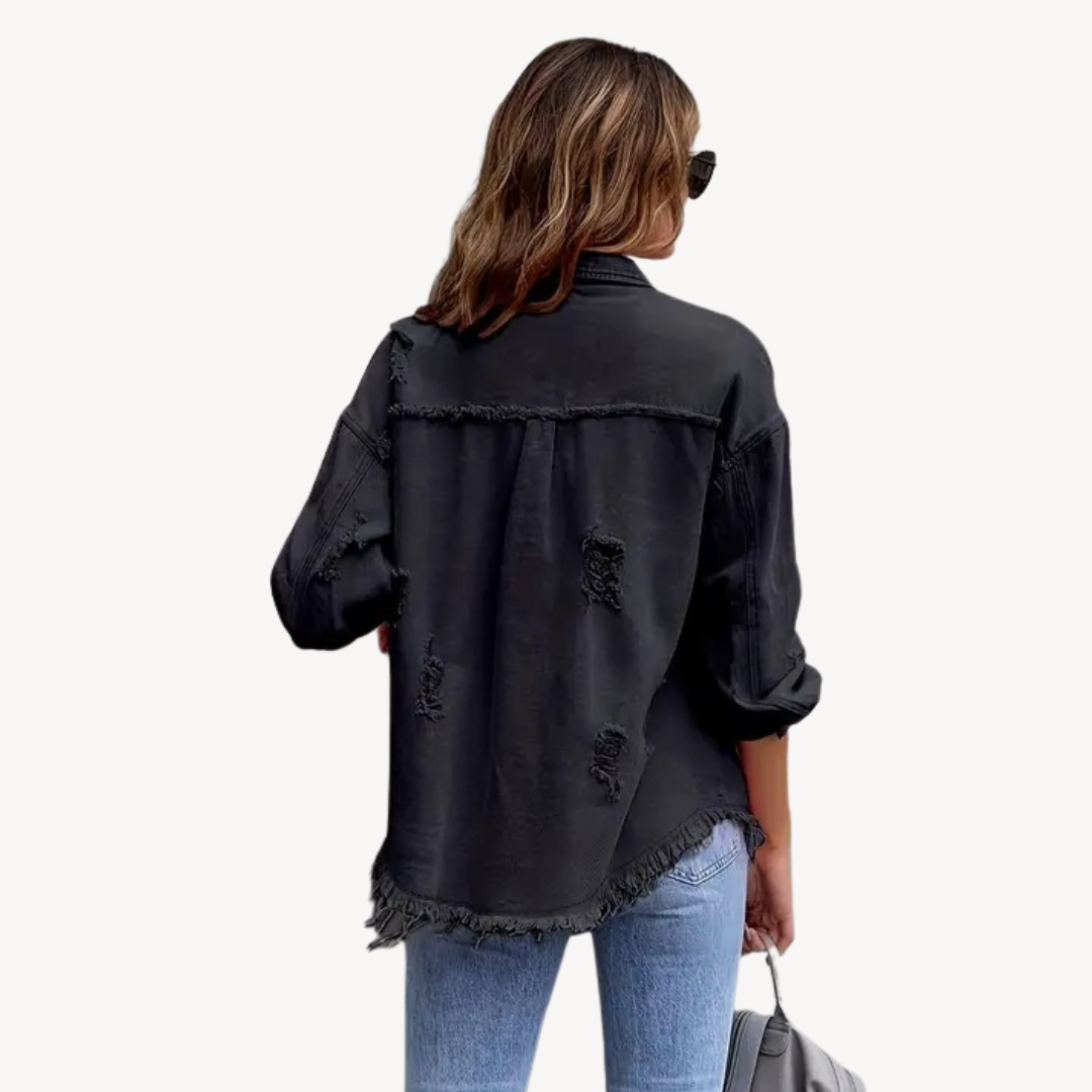 Black Distressed Denim Button-Up Jacket | Loravelle