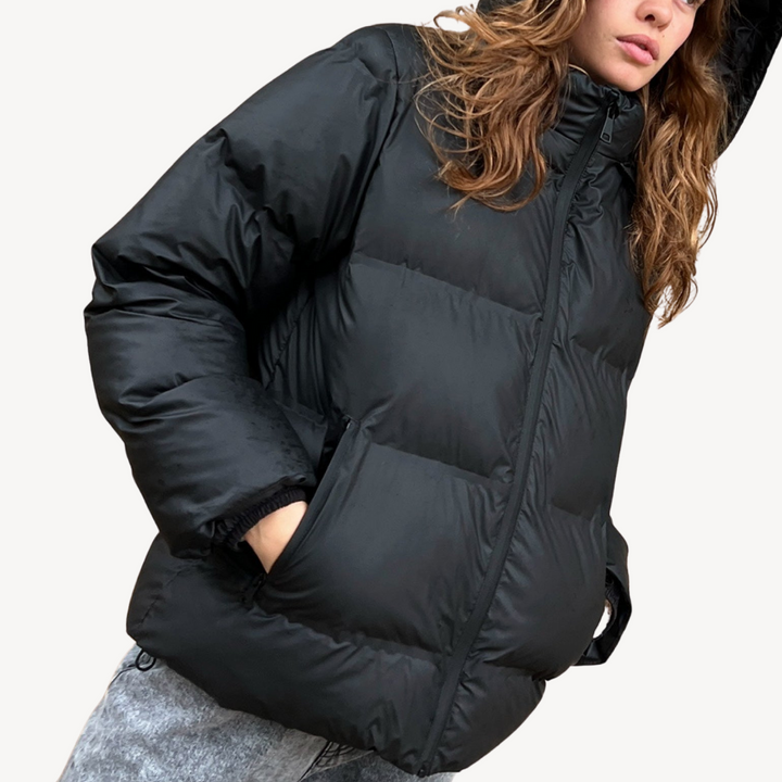 Women’s Black Hooded Puffer Jacket Winter Polyester Coat | Loravelle