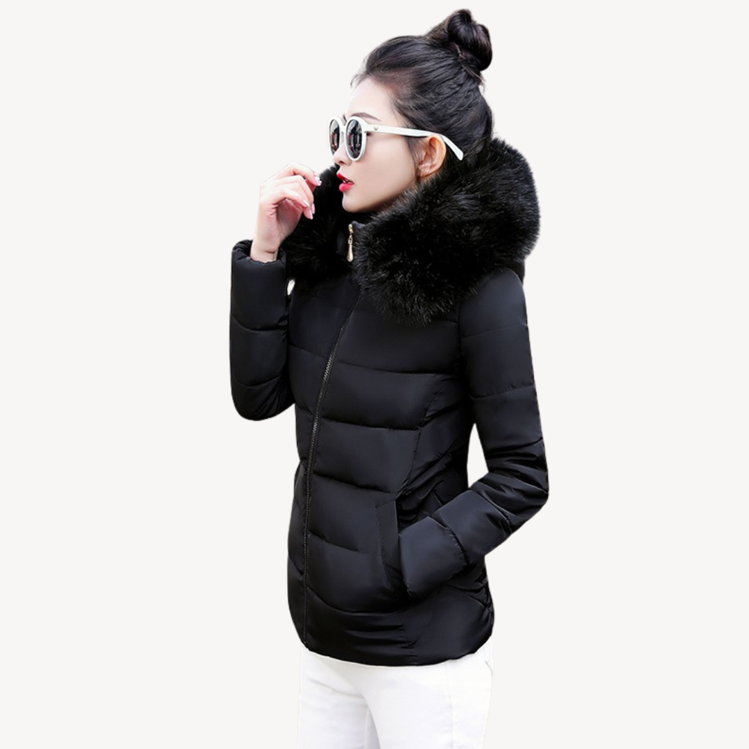 Women's Puffer Jacket with Faux Fur Collar | Loravelle