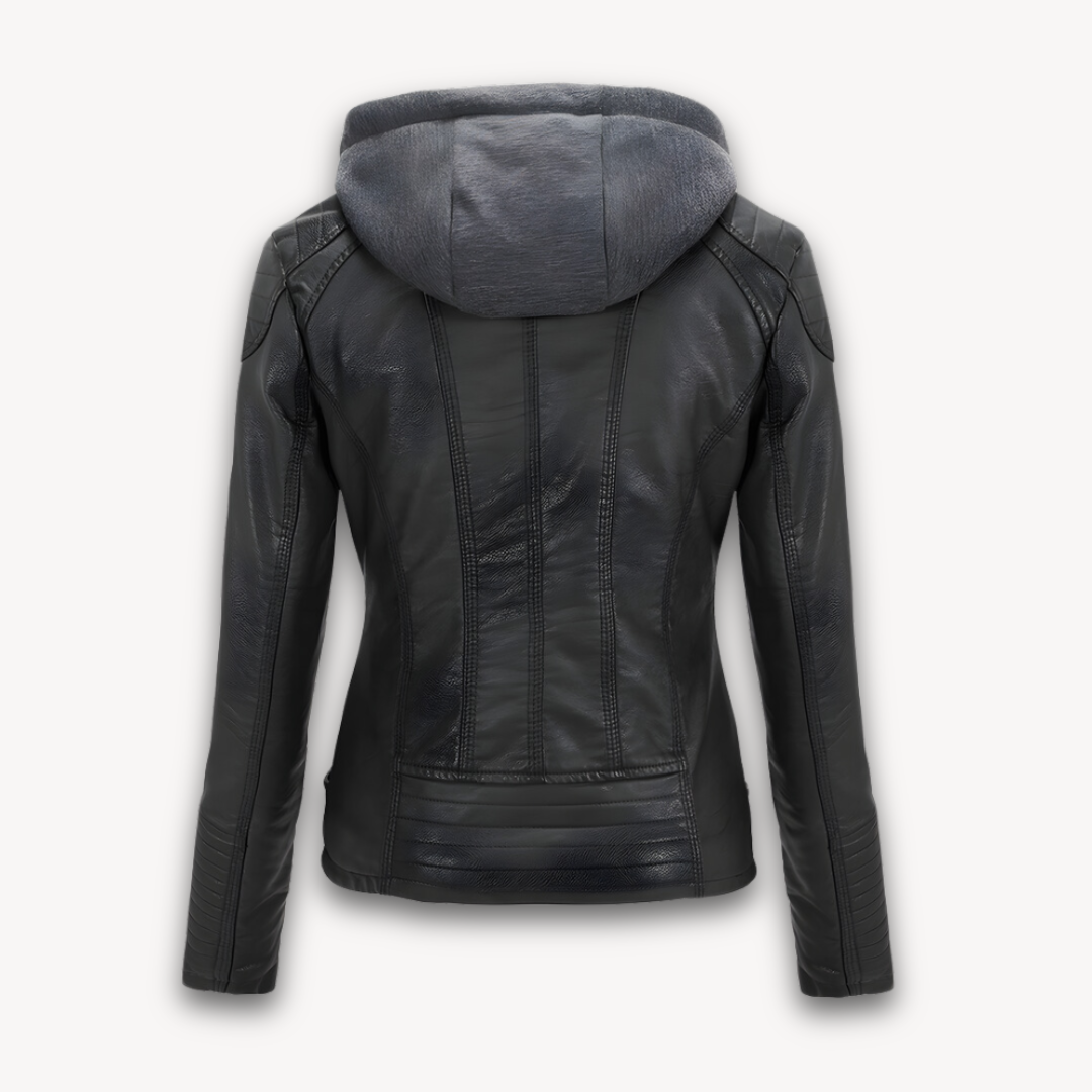 Loravelle | Women's Black Leather Jacket with Hood - Faux Leather, Plaid Lining, Stylish Biker Design - Winter Wear