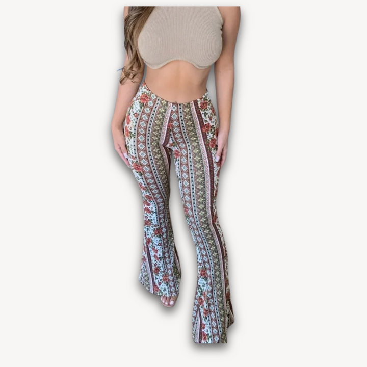 Loravelle | Women's Boho Floral Bell-Bottom Pants - High-Waist Stretch Knit - Casual & Festival Wear