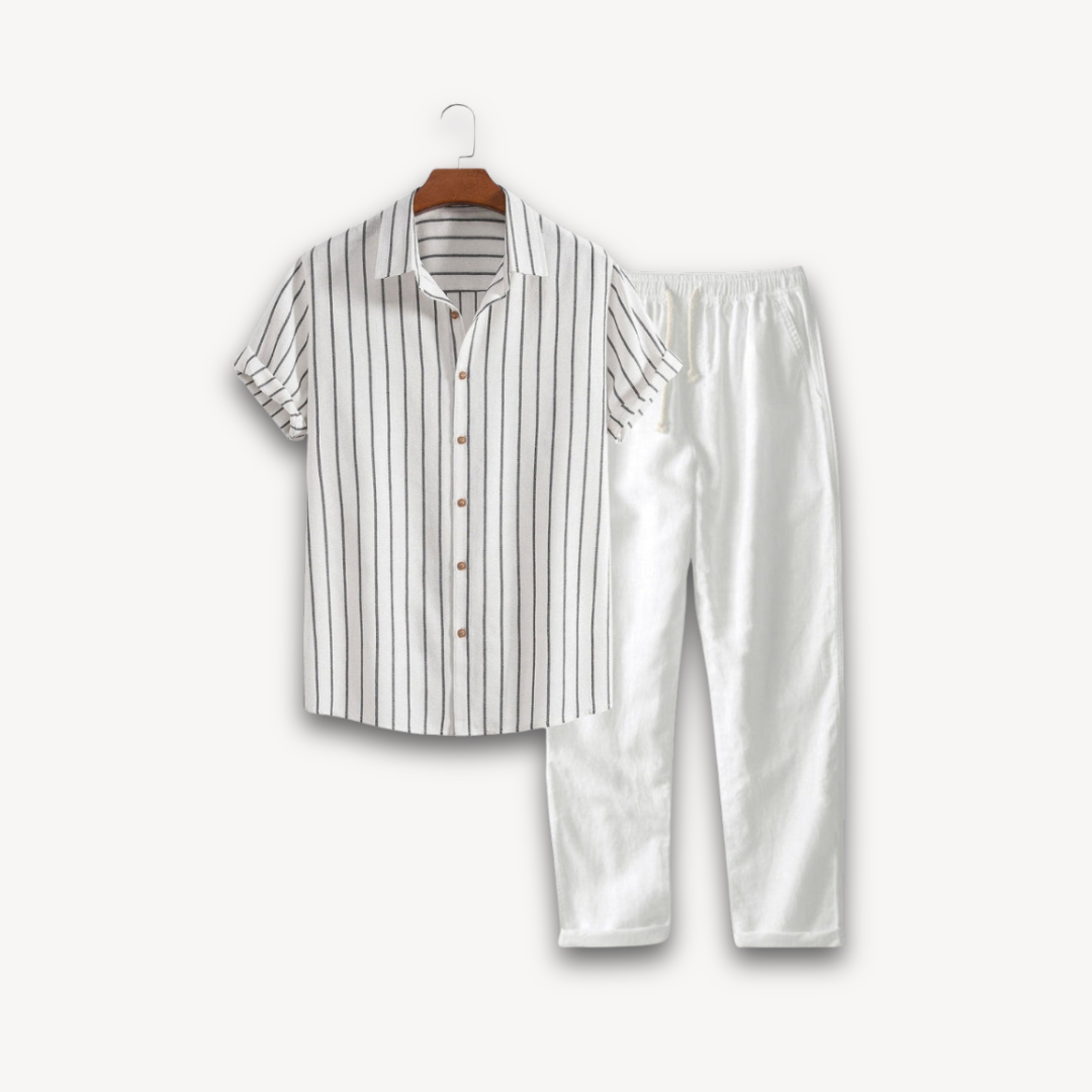 Loravelle | Men's Striped Linen Blend Shirt and Pants Set - Summer Casual Outfit - Lightweight and Breathable