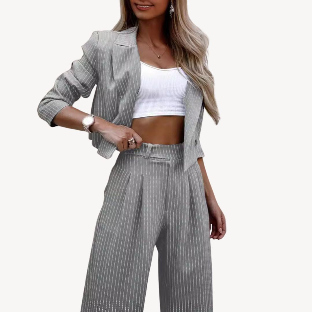 Textured Striped Cropped Blazer Pants Suit Women | Loravelle
