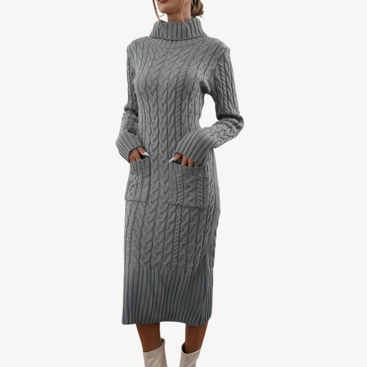 Grey Cable Knit Turtleneck Dress | Loravelle