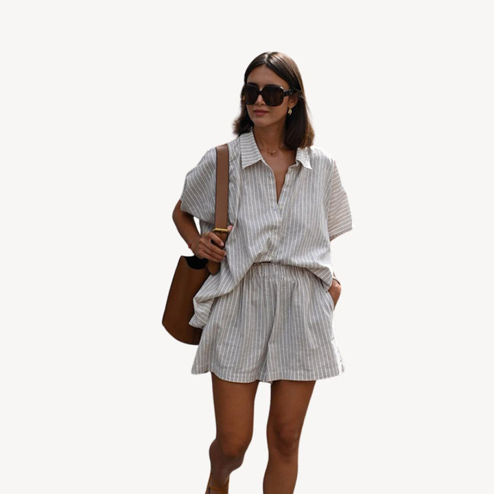 Textured Striped Linen Blend Short Set Women | Loravelle