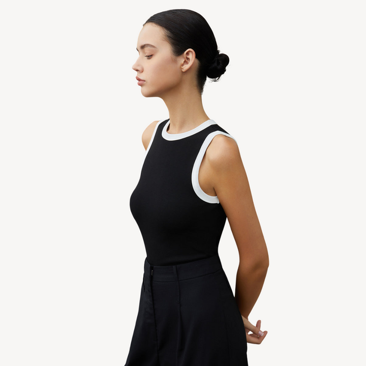 Black Sleeveless Tank Top with White Trim for Women | Loravelle