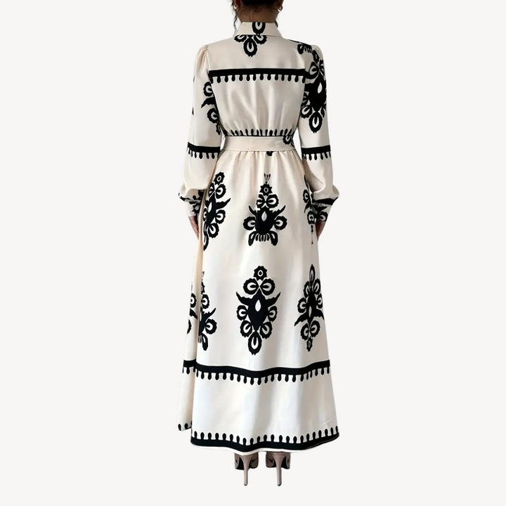 Black and White Floral Printed Maxi Dress with Belt for Women | Loravelle