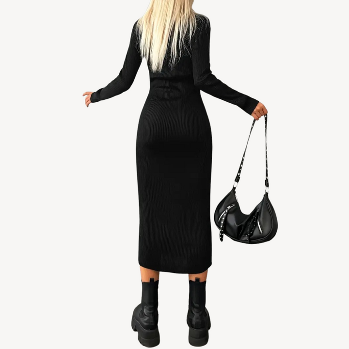 Black Ribbed Knit Turtleneck Dress for Women | Loravelle
