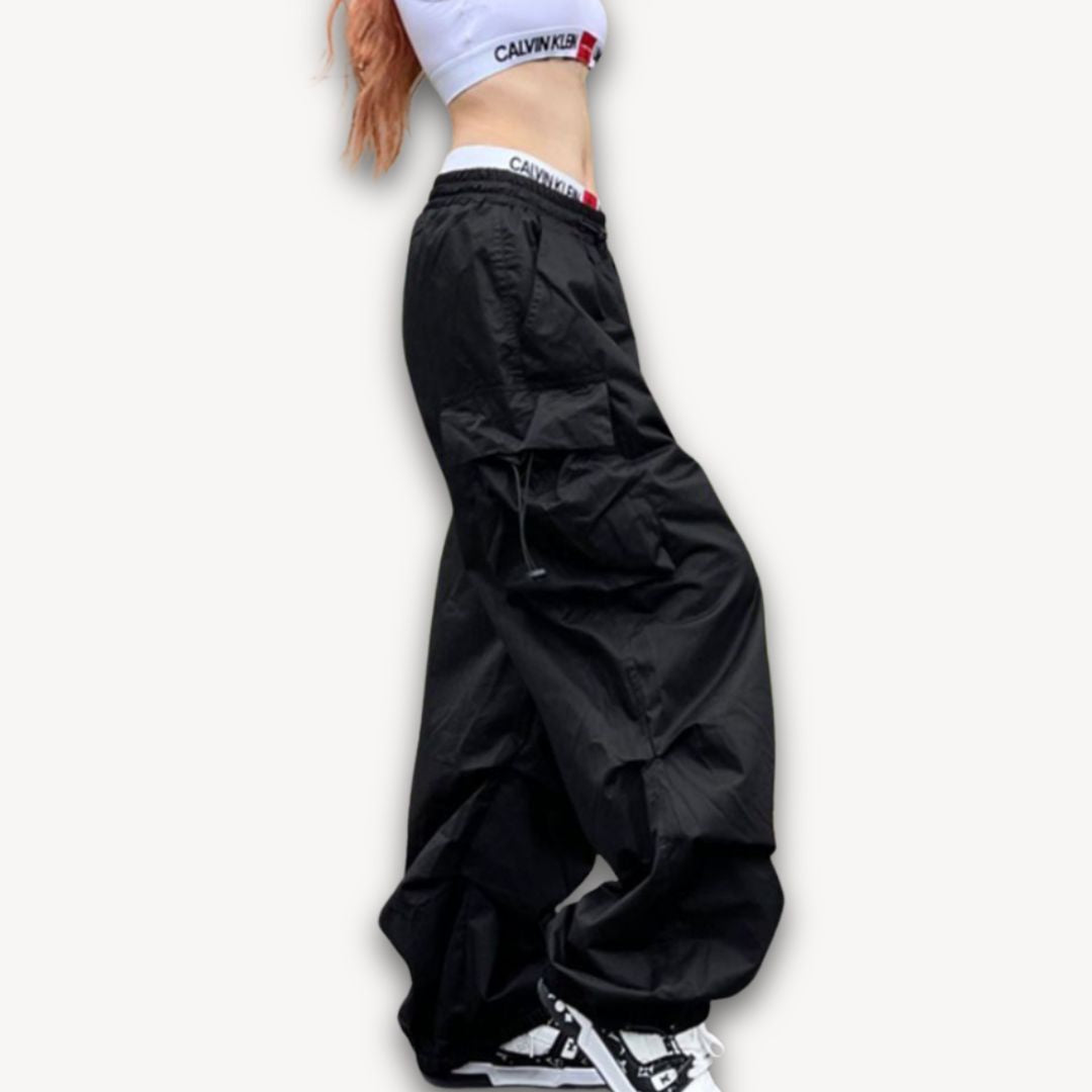 Loravelle | Women's Y2K Black Parachute Pants - Oversized Cargo Streetwear with Pockets - Harajuku Wide-Leg Baggy Sweatpants X