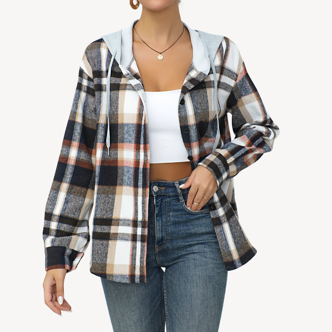 Women's Plaid Button Down Shaket with Hoodie | Loravelle