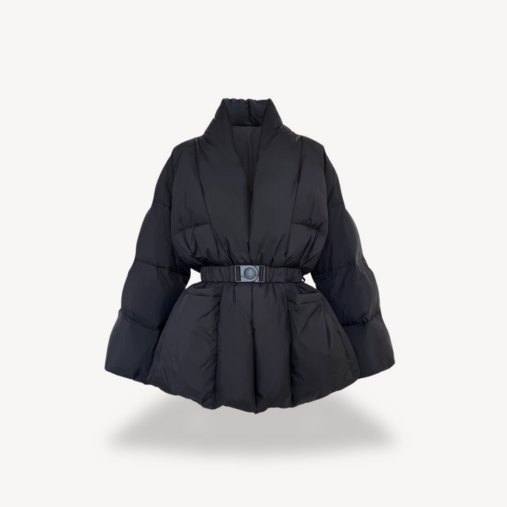 Women’s Black Puffer Jacket with Belt – Polyester | Loravelle
