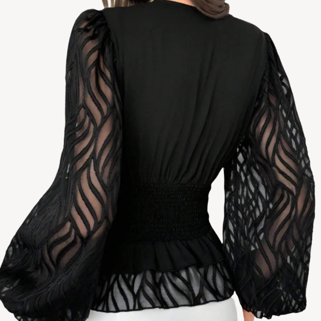 Black Sheer Sleeve Peplum Top | Loravelle