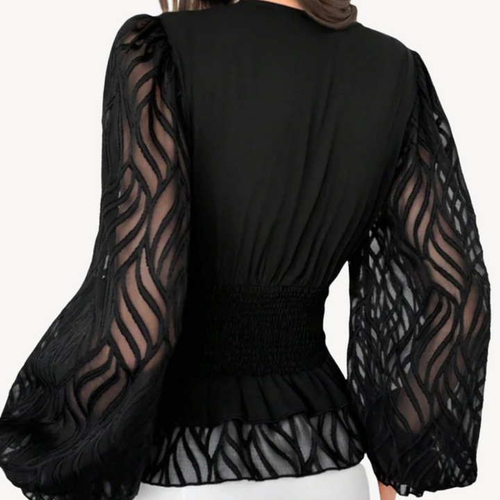 Black Sheer Sleeve Peplum Top | Loravelle