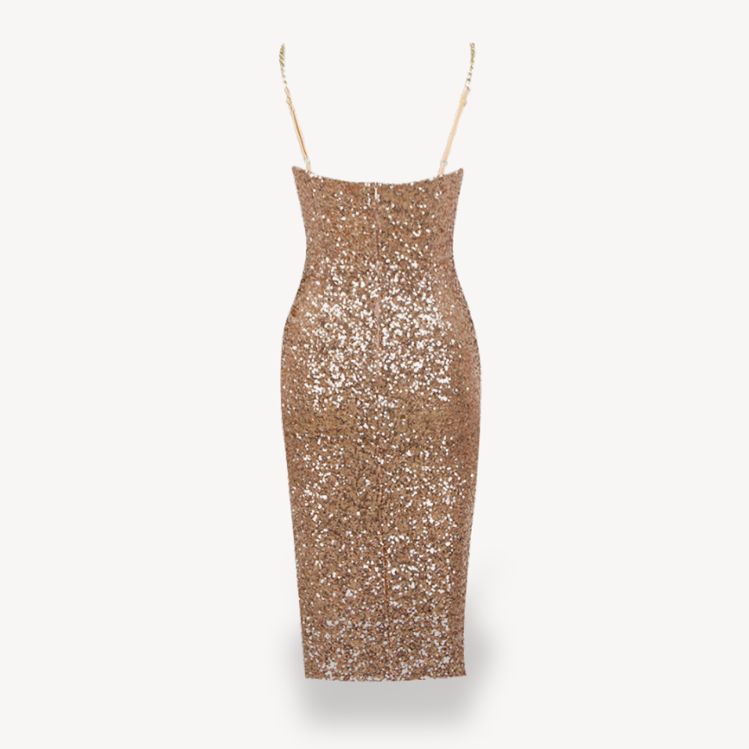 Loravelle |  Women's Sequin Midi Dress – Gold Evening Gown