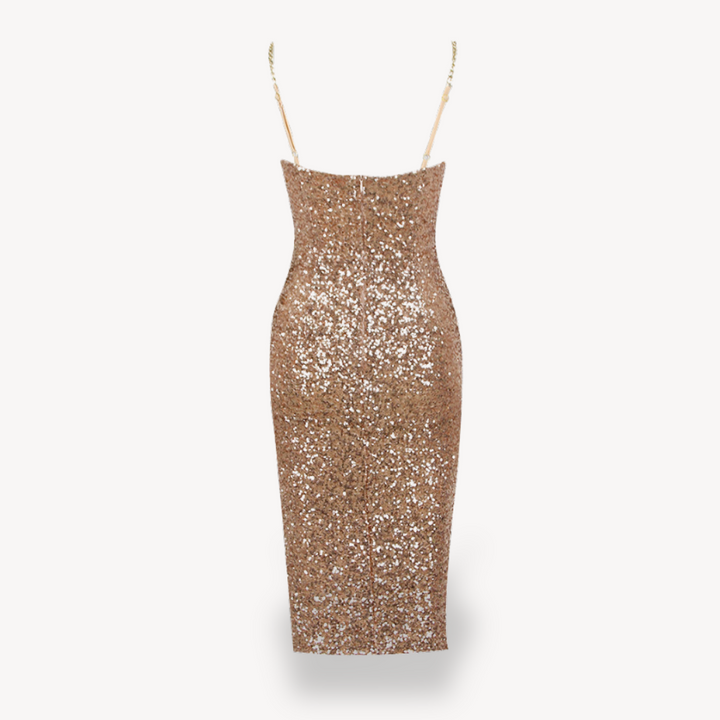 Loravelle |  Women's Sequin Midi Dress – Gold Evening Gown