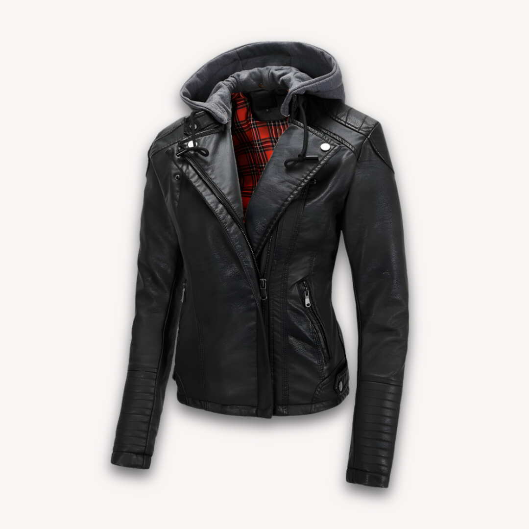 Loravelle | Women's Black Leather Jacket with Hood - Faux Leather, Plaid Lining, Stylish Biker Design - Winter Wear