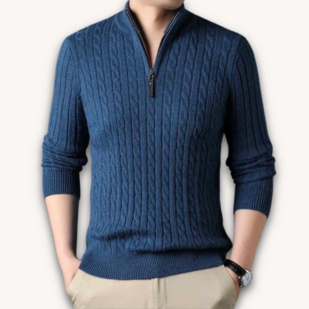 Loravelle | Men's Ribbed Knit Half-Zip Sweater - Soft Cotton Blend, Warm Cable Design