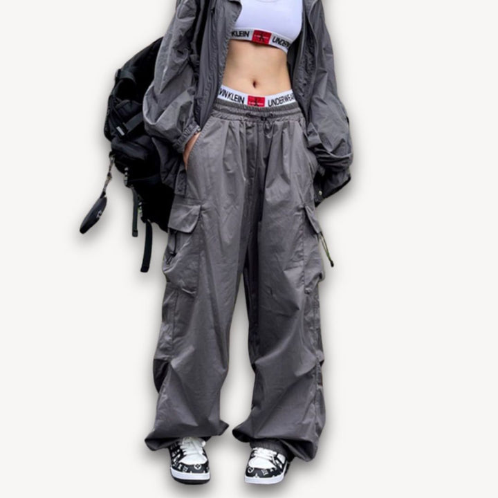 Loravelle | Women's Y2K Black Parachute Pants - Oversized Cargo Streetwear with Pockets - Harajuku Wide-Leg Baggy Sweatpants X