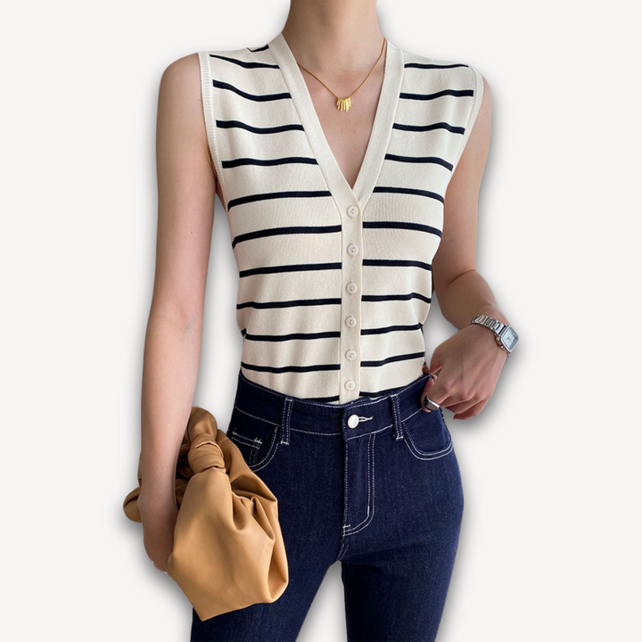 Loravelle | Women’s V-Neck Striped Knitted Vest - Sleeveless Fashion Cardigan Top - Chic Style