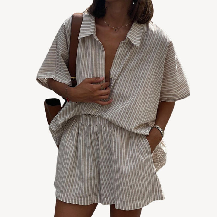 Textured Striped Linen Blend Short Set Women | Loravelle