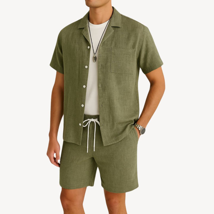 Linen Shirt & Shorts Set Men Green | Loravelle