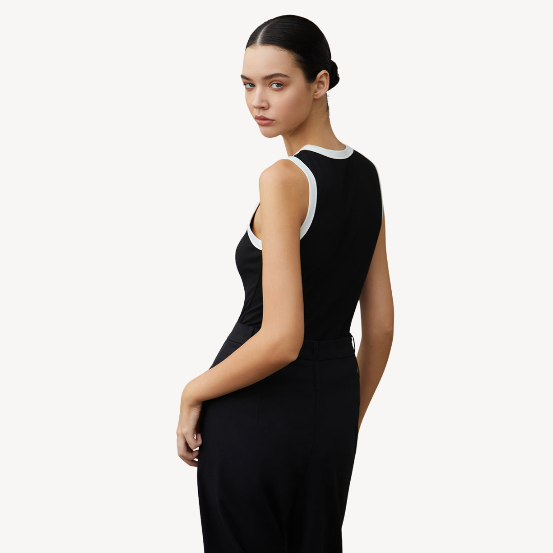 Black Sleeveless Tank Top with White Trim for Women | Loravelle