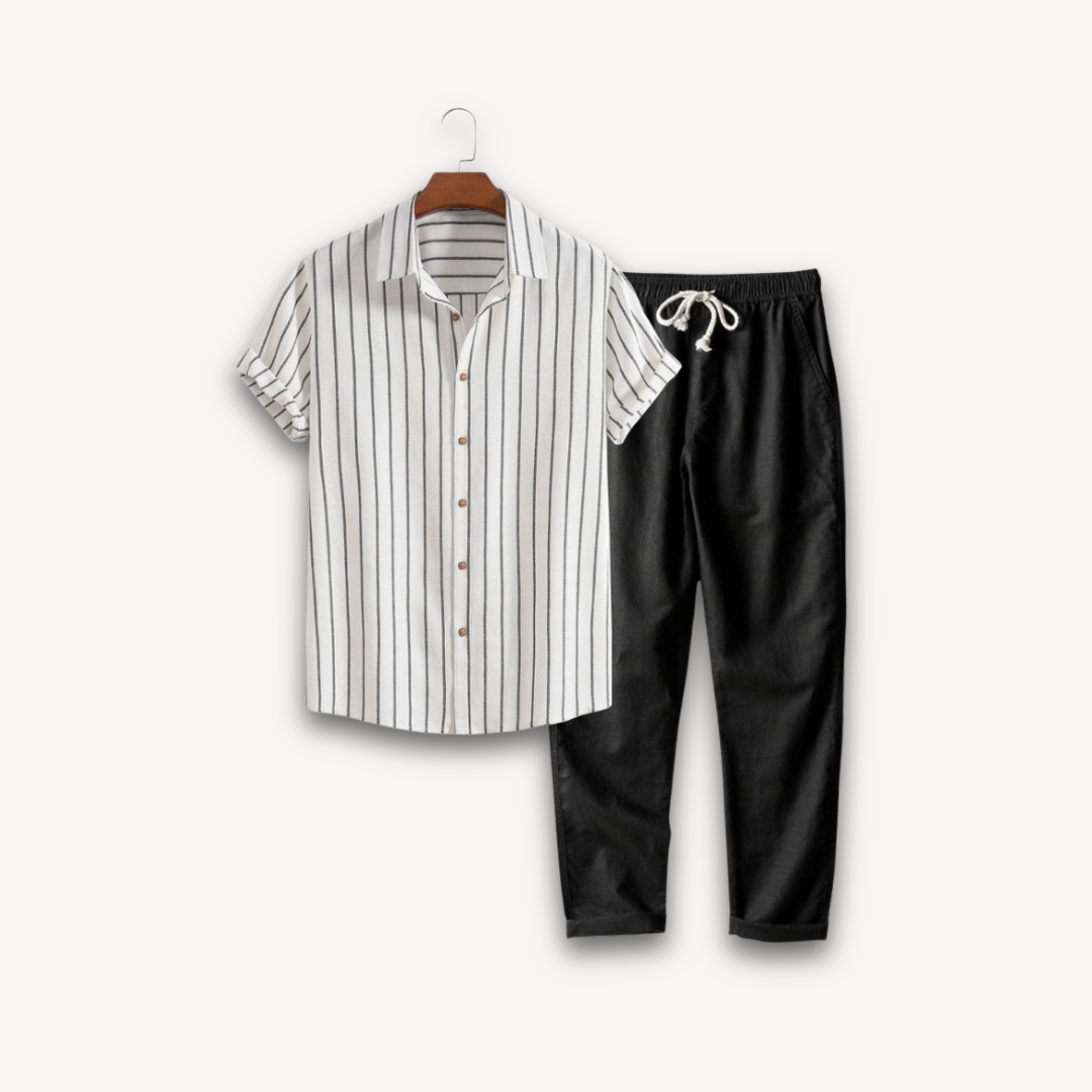 Loravelle | Men's Striped Linen Blend Shirt and Pants Set - Summer Casual Outfit - Lightweight and Breathable