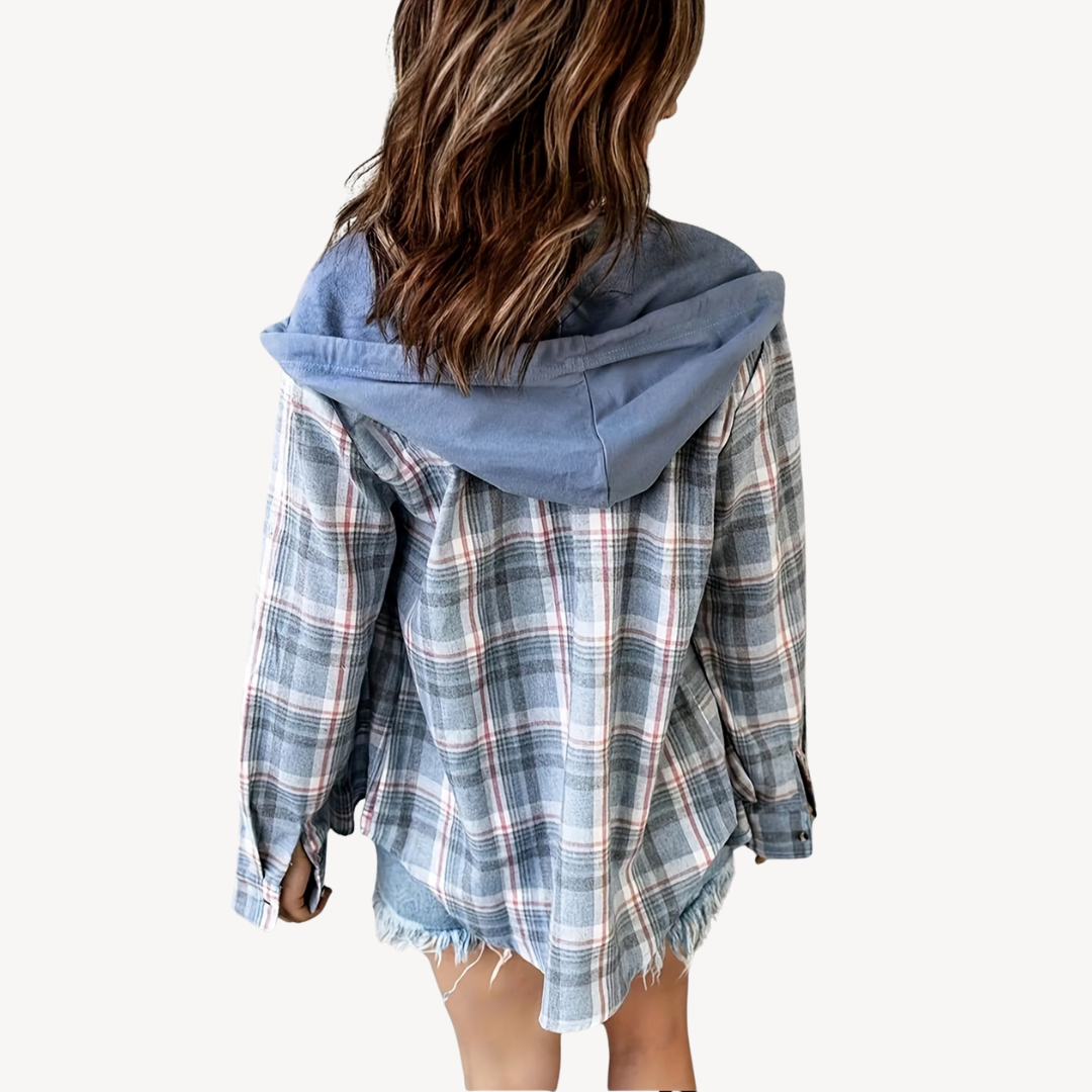 Women's Plaid Button-Down Shirt Jacket with Hood | Loravelle