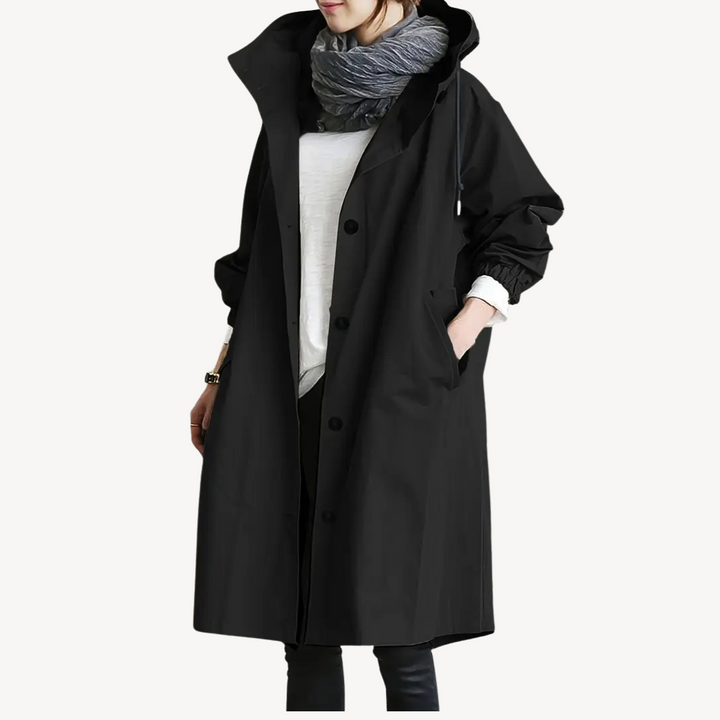 Women's Black Hooded Long Coat | Loravelle