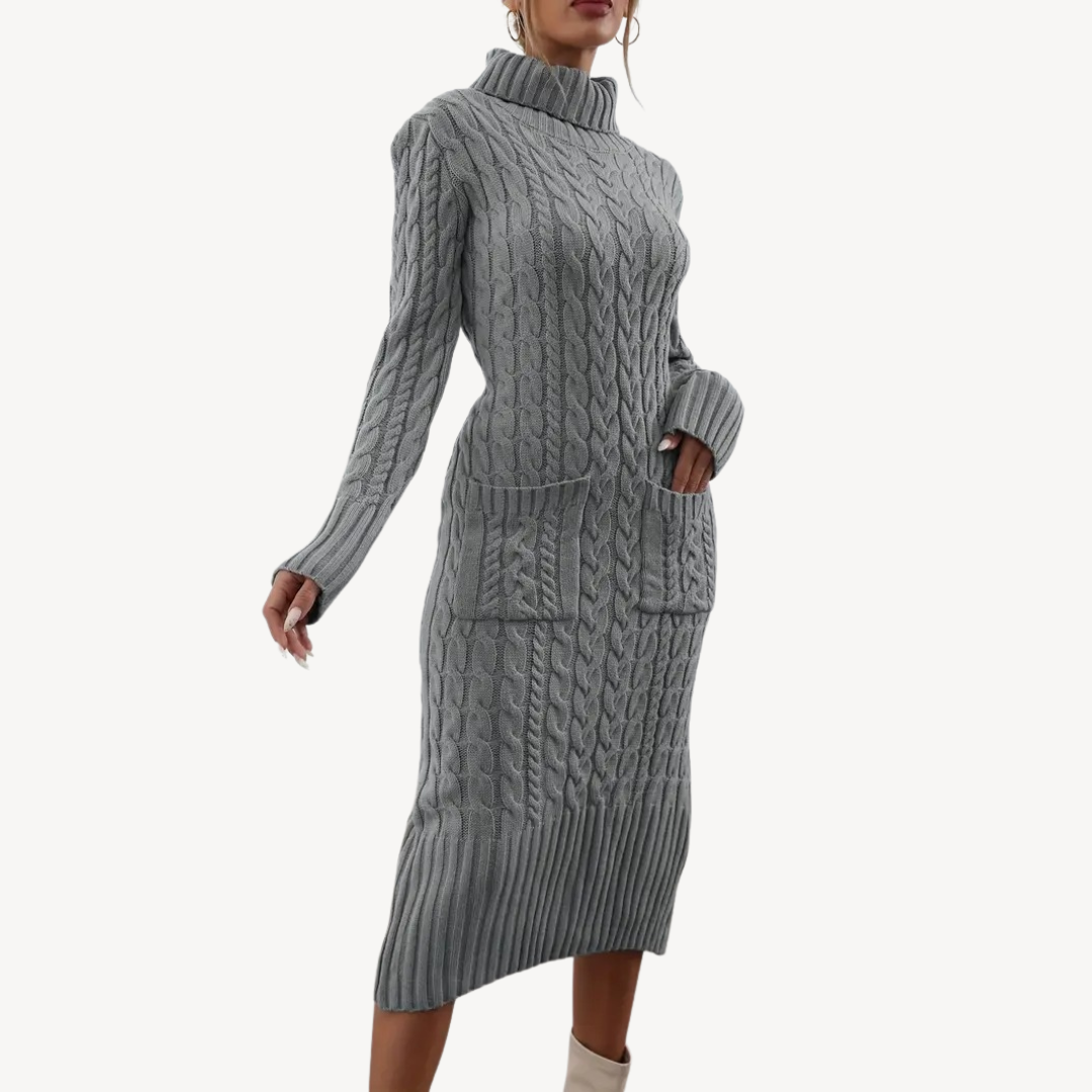 Grey Cable Knit Turtleneck Dress | Loravelle