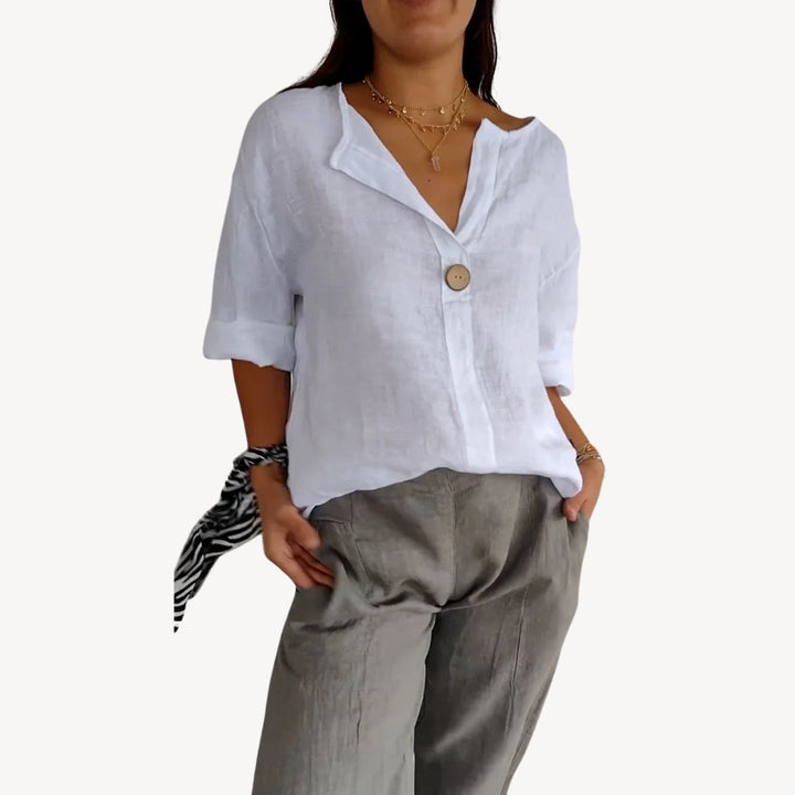 Women's Linen Long Sleeve V-Neck Blouse | Loravelle