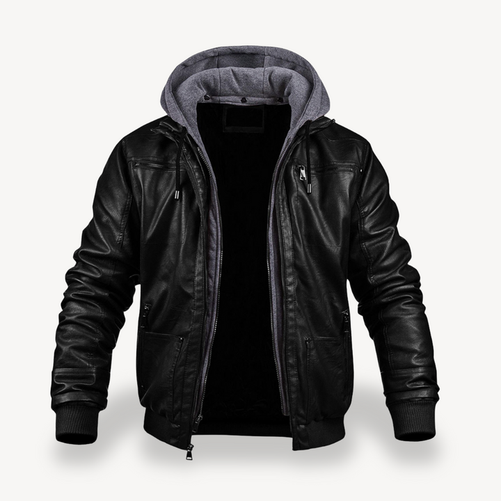 Men's Faux Leather Bomber Jacket with Hood | Loravelle
