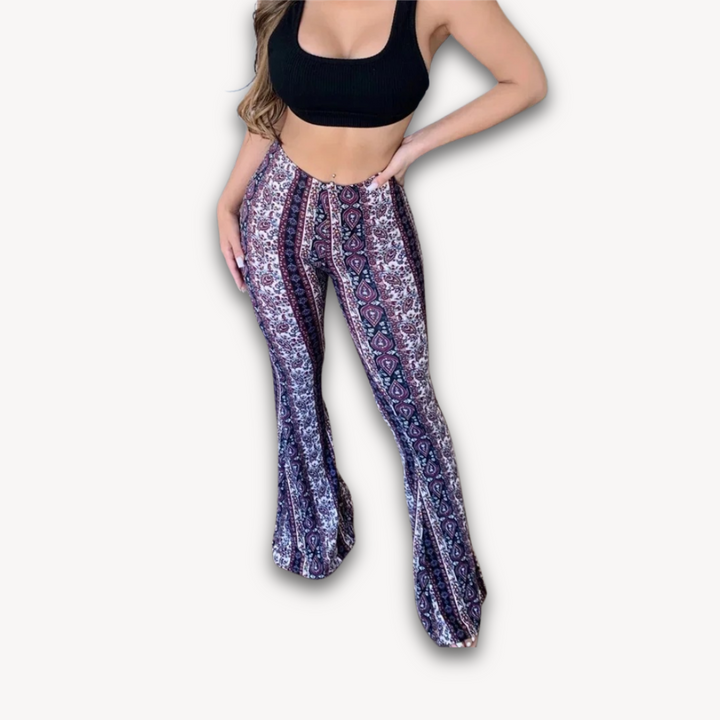 Loravelle | Women's Boho Floral Bell-Bottom Pants - High-Waist Stretch Knit - Casual & Festival Wear