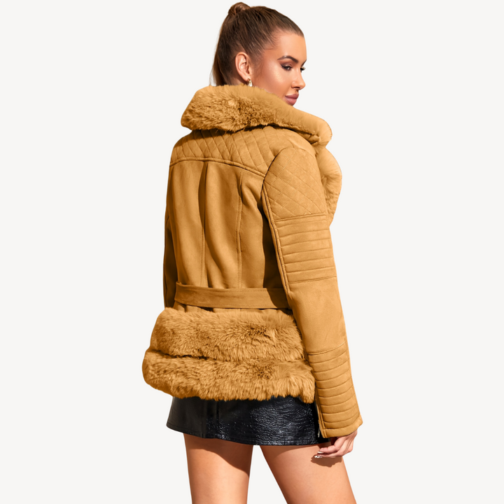 Women's Faux Fur Shearling Biker Jacket Brown | Loravelle