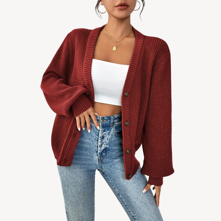 Women's V-Neck Drop Shoulder Cardigan Sweater | Loravelle