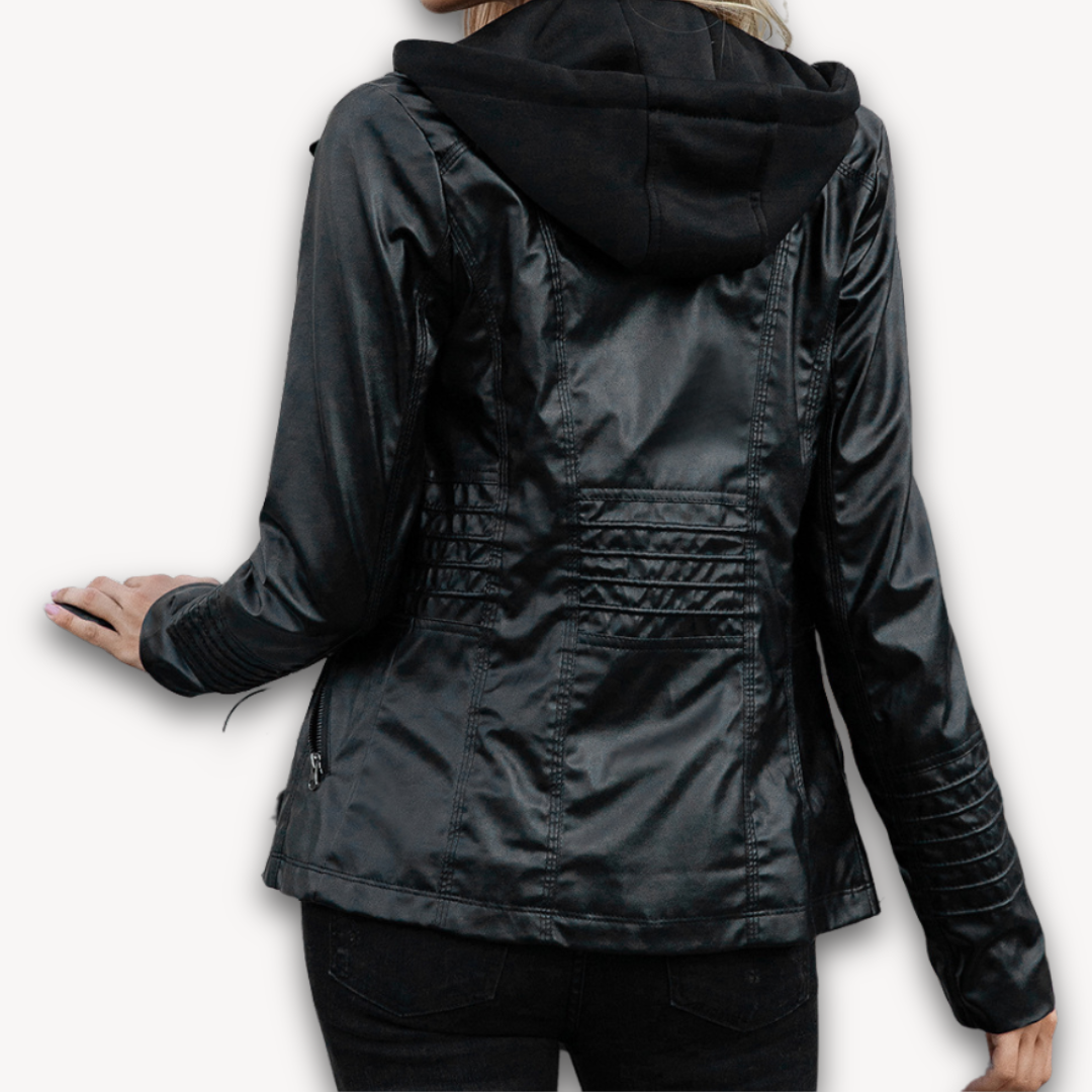 Loravelle | Women's Black Faux Leather Jacket with Hood - Slim Fit Biker Style for Adults, Winter Wear