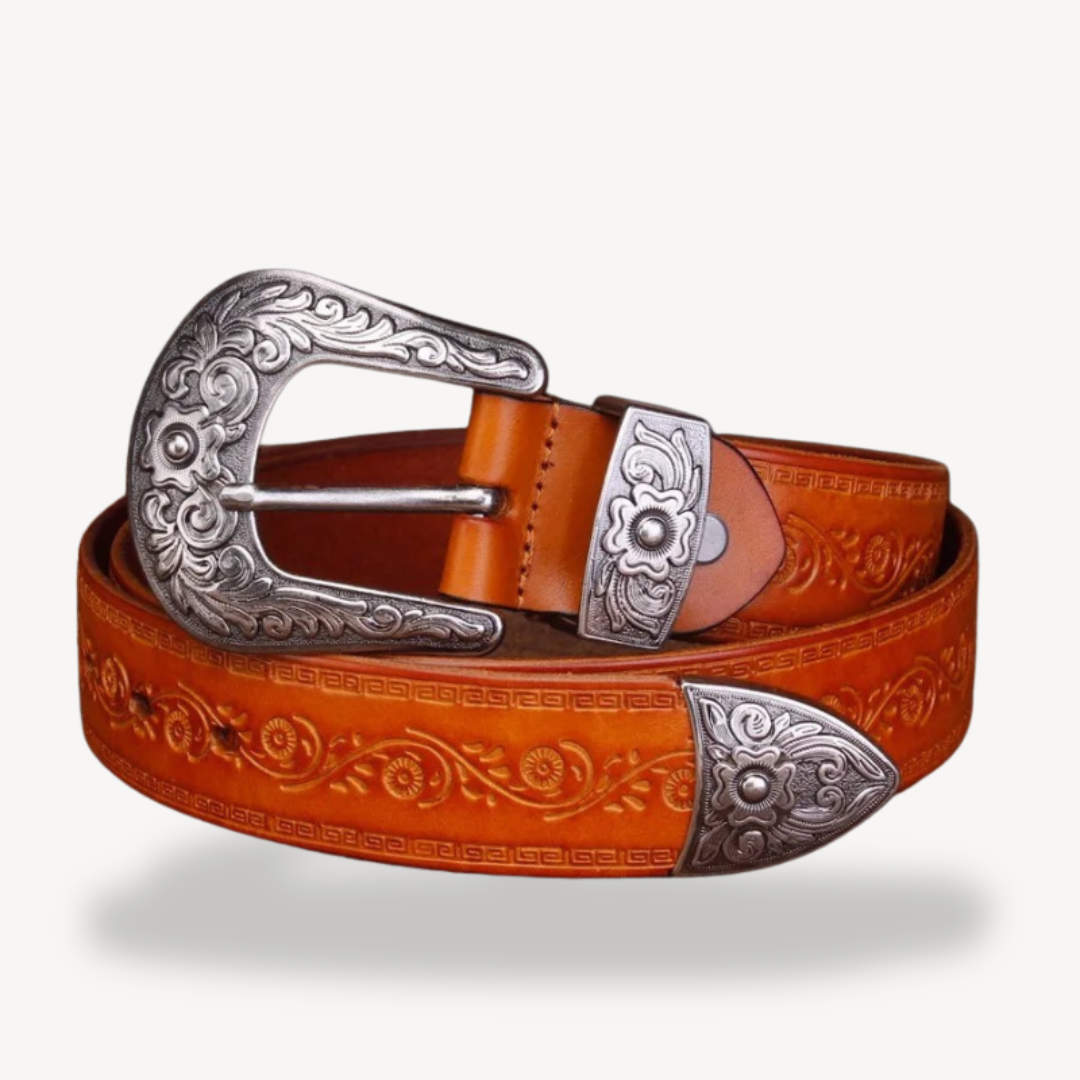 Men's Western Embossed Leather Belt with Floral Buckle | Loravelle