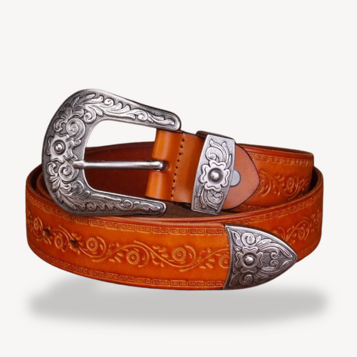 Men's Western Embossed Leather Belt with Floral Buckle | Loravelle