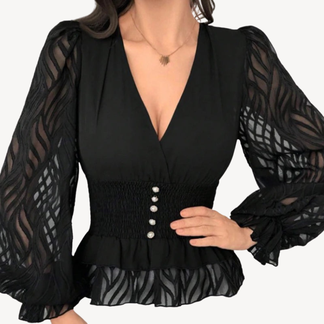 Black Sheer Sleeve Peplum Top | Loravelle