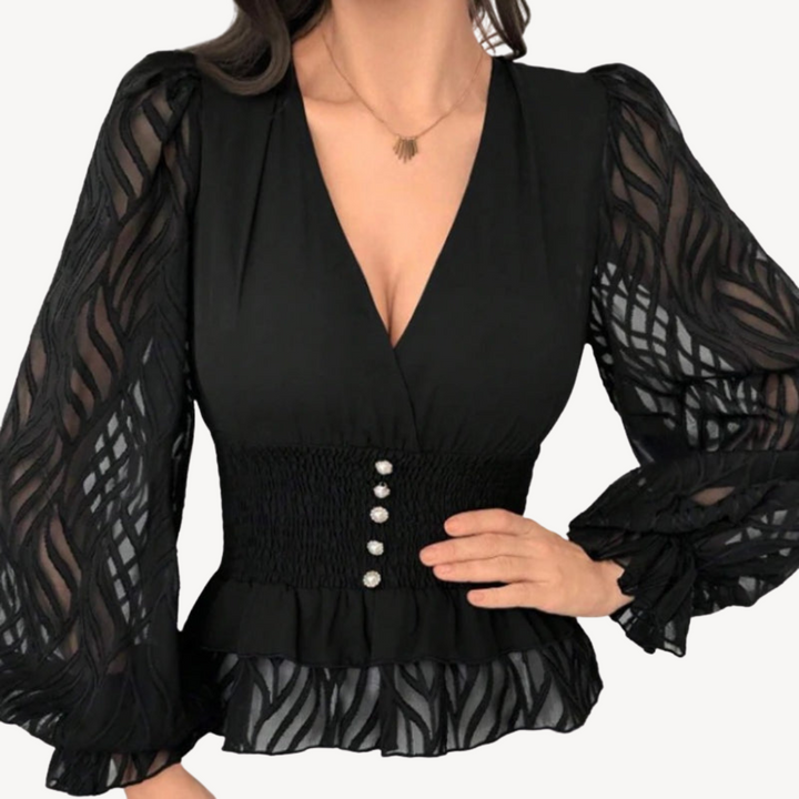 Black Sheer Sleeve Peplum Top | Loravelle