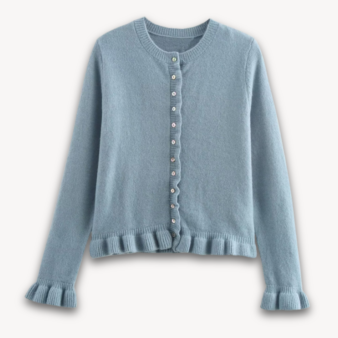 Loravelle | Women’s Ruffled Crop Cardigan - Blue Gray Knitted Long Sleeve Autumn Sweater, Korean Style Outwear