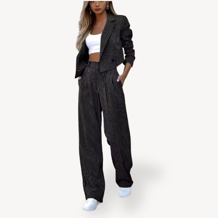Textured Striped Cropped Blazer Pants Suit Women | Loravelle