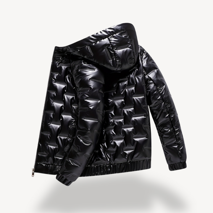 Men's Shiny Black Hooded Puffer Jacket | Loravelle