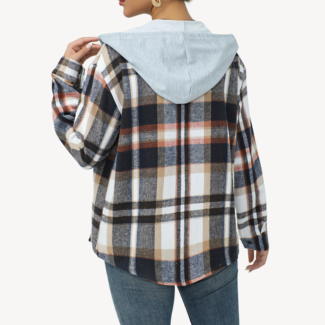 Women's Plaid Button Down Shaket with Hoodie | Loravelle