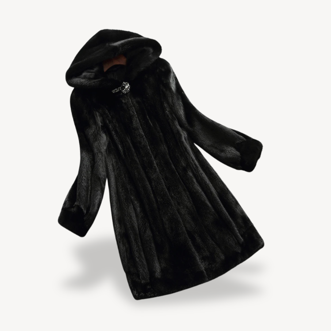 Women's Black Faux Fur Hooded Winter Coat Long Sleeve | Loravelle