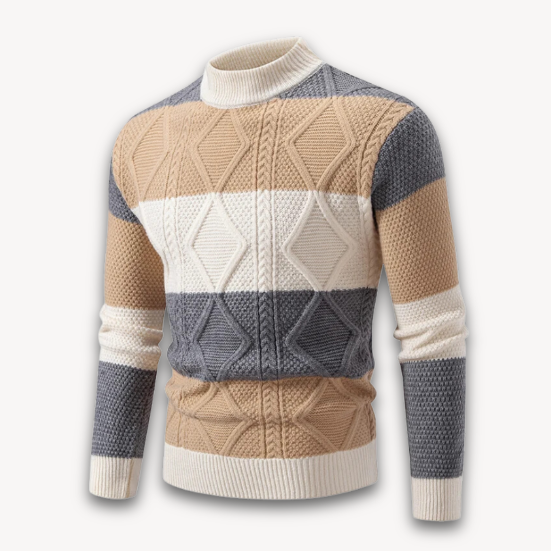 Loravelle Men's Striped Geometric Knit Sweater - Soft Cotton Blend, Crewneck