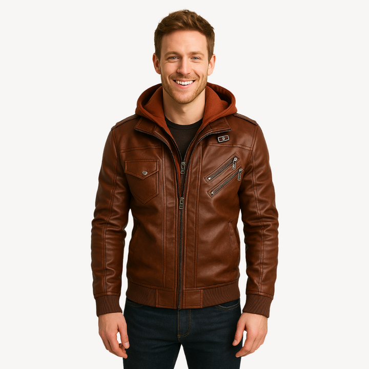 Men’s Leather Jacket with Hoodie | Loravelle